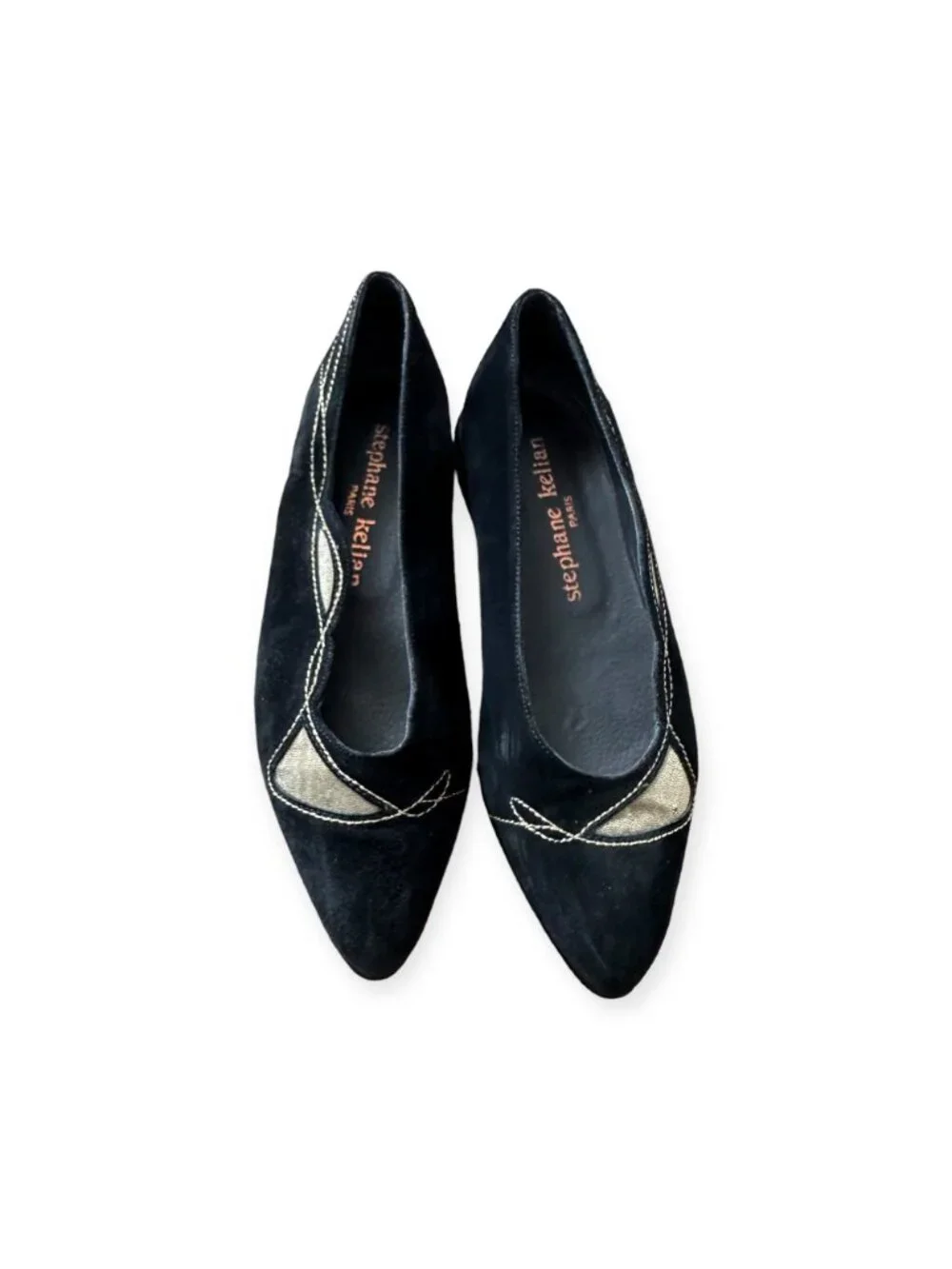 Stephane Kelian Paris Vintage Black Suede Flats Gold Cutout 90s Size 7.5